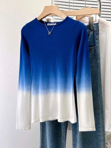 Пуловеры с реальными фотографиями, градиентный синий вязаный свитер с длинными рукавами, женский джемпер на весну и осень, облегающий пуловер, эластичный топ