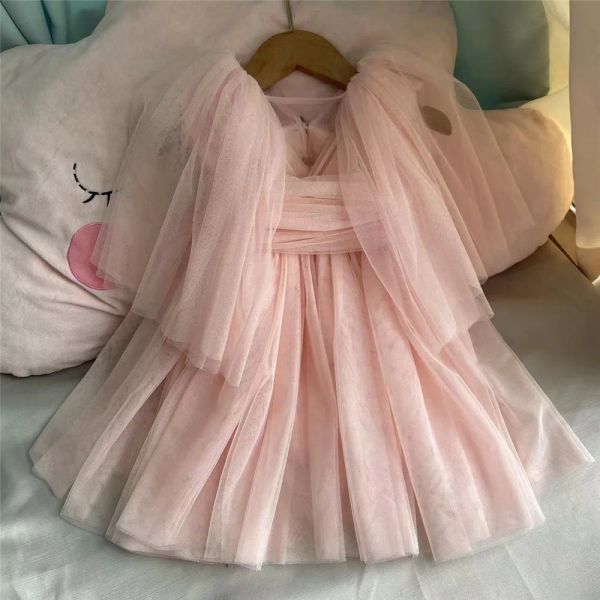 Kleider Neugeborenes Baby Mädchen Hochzeitskleid für Kinder Geburtstag Vestido 34 Jahre Flatterärmel Perlenknopf Partykleid Blush Kostüm