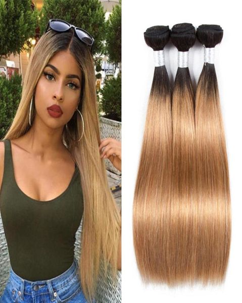 Cabelo humano liso peruano tece ombre 2 tons 1b27 cor trama dupla 100gpc pode ser tingido branqueado2876252