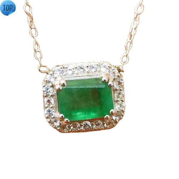 Nuovo arrivo Zambia verde smeraldo pietra preziosa diamante pendente rettangolo collana in argento fine taglio smeraldo moissanite catena pendente