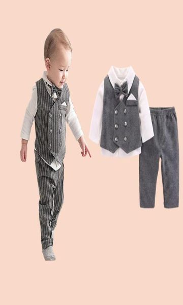 Bebek Erkekler 1. Doğum Günü Takım Bebek Çocuk Bows Tie Tavan Uzun Kollu Gömlek Stripe DEVCOATSPANTS 3 PCS SETLER Çocuklar Beyefendi Outfit3149681