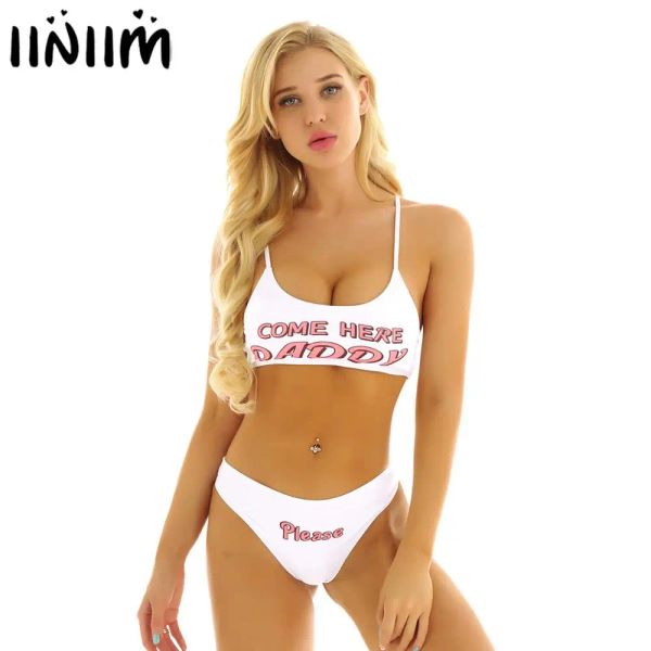 Imposta iiniim Donna Donna Estate Breve Set Cinghie Stampate Mini Canotta Reggiseno Crop Top con Slip Costumi Anime Sexy Streetwear