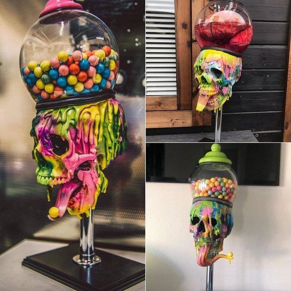 Crânio Bubblegum Máquina Esqueleto Estátua Halloween Resina Artesanato Colorido Partido Doce Jar Horror Enfeites de Mesa Decoração de Casa 240222