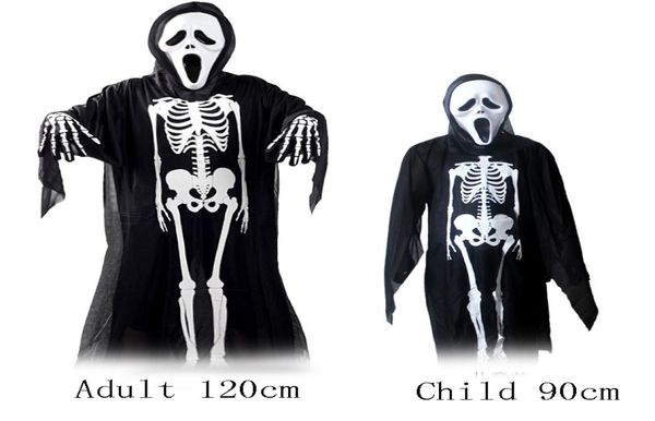 Halloween esqueletos traje adulto e criança 120cm 90cm masquerade dança crânio fantasma traje horror zumbi máscara ossos luvas cosp5509366