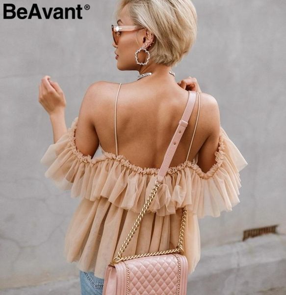 Beavant Off spalla Top e camicette da donna Estate 2019 Backless Sexy Peplo Top Donna Vintage Ruffle Mesh Camicetta Camicia Blusas S1838645