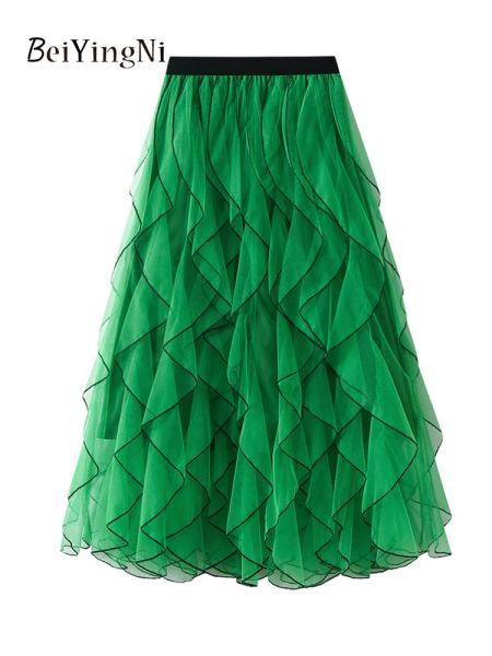 Saias Beiyingni Mulheres Malha Tutu Saia Longa Ruffles Patchwork Casual Francês Luxo Padrão Ondulado Bonito Maxi Saias Primavera Outono Moda