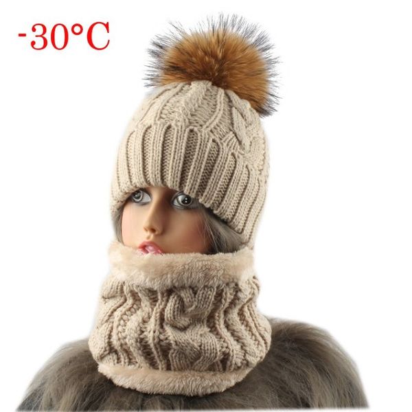 2020 frauen Hut Mit Schal Warme Fleece Innen Beanie Mädchen Winter Kappe Für Frauen Echt Nerz Fell Pompon Hut Weibliche gestrickte Kappen LJ200225K