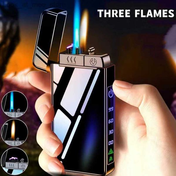 Feuerzeuge 2023 Neue winddichte Metall USB Taschenlampe Jet Doppel Plasma Arc Lampe Gas Elektrische Butan Lade Rohr Zigarre Licht Q240305