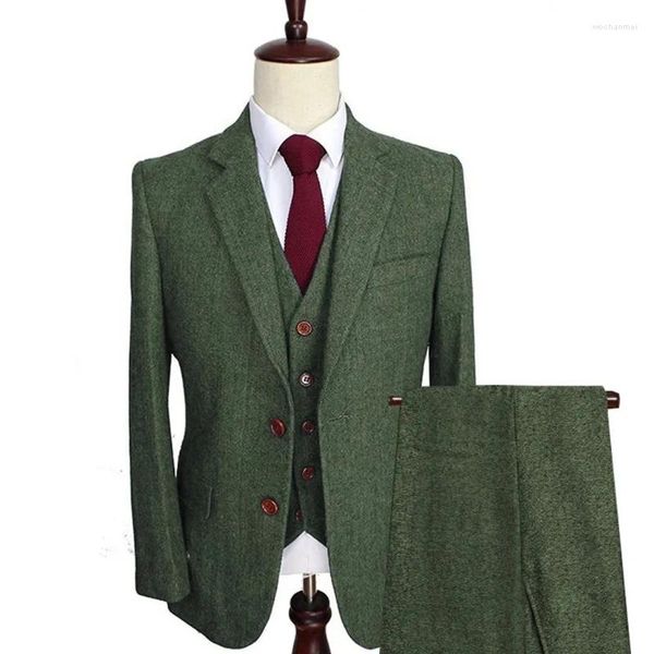 Abiti da uomo Giacca e gilet da uomo in tweed verde militare formale con risvolto tacca regolare smoking da sposo per banchetti da lavoro