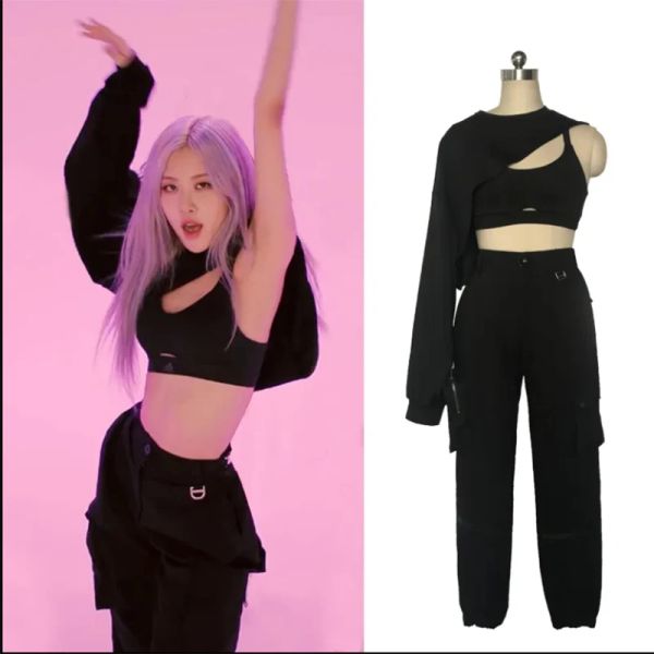 T-shirt 3 pezzi Set maglietta + bar + pantaloni Kpop Outfit nero Street Wear Dancer Outfit Costume di scena Ragazza coreana Gruppo HipHop Abbigliamento donna