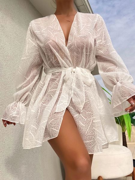 Cover-up Bikini Cover Up Strand Kimono Damen Sommer Langarm Durchsichtiges Hemd Strand Coverup Badeanzug Badebekleidung Strandmode Weiß