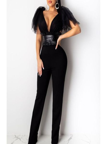 Gebundene Bogen Schulter -Mesh PU Leder Patchwork Jumpsuit Frauen schwarz weiße lange Hose Jumpsuit Womens ROMPERS sexy Club insgesamt6227293