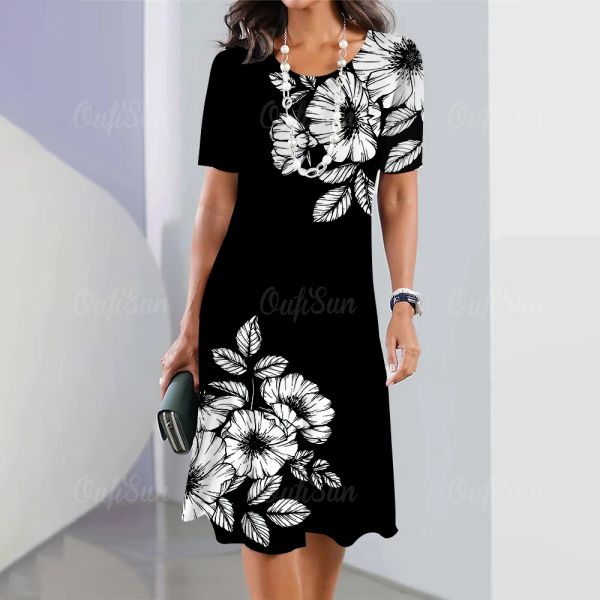 Vestido novo vestido feminino 3d impresso preto e branco manga curta moda solta vestido de verão feminino extra grande vestido de férias