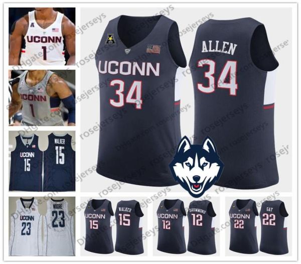 Uconn Huskies # 34 Allen 22 Gay 15 Walker 12 Drummond Maya Moore bianco Ray Rudy Kemba Andre 23 grigio blu Connecticut Jerseys5967827