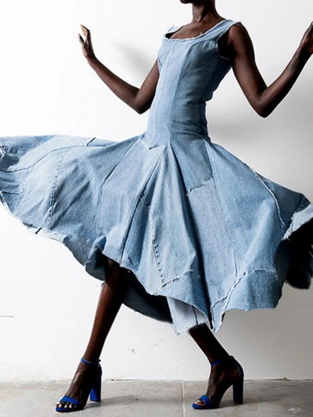 Платье Джинсовое длинное платье Модное простое лоскутное платье без рукавов с асимметричным подолом Плиссированные вечерние клубные винтажные женские платья-майки больших размеров