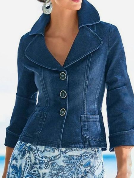 Primavera moda lapela gola denim jaqueta feminina singlebreasted botão fino sólido azul jeans 34 manga bolso blazers casaco mujer 240229