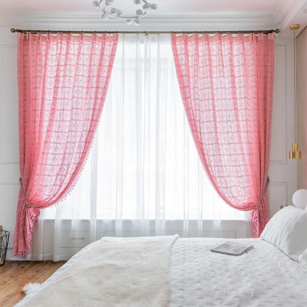 Tenda rosa chic lavorata a maglia all'uncinetto finestra tende trasparenti americane rustiche fatte a mano in tulle per soggiorno camera da letto