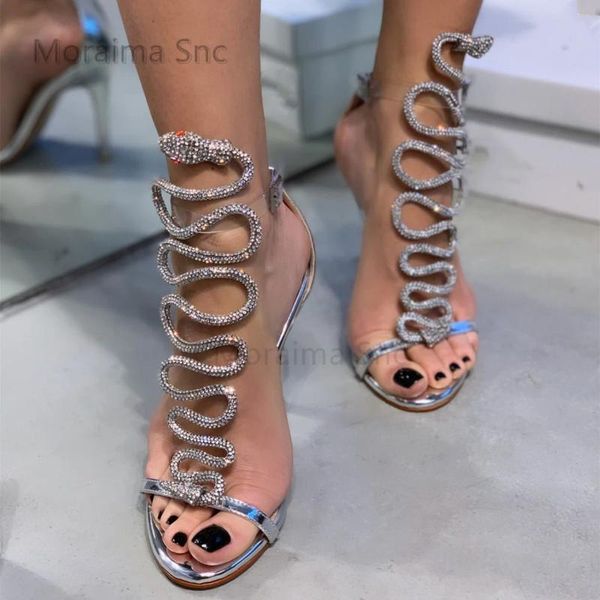 Sandali da donna modello serpente strass tacchi alti design lussuoso punta aperta scarpe estive per donna stiletto argento