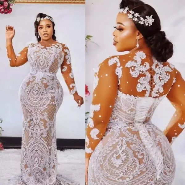 Champagne Aso Ebi Abiti da sposa a sirena Abiti da sposa Maniche lunghe Applicazioni in pizzo bianco Perline Corsetto sul retro Abito taglie forti