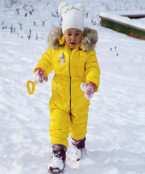 Rússia inverno crianças meninas meninos snowsuit macacão bebê pato branco para baixo jaquetas geral crianças real pele de guaxinim com capuz macacão y89827709