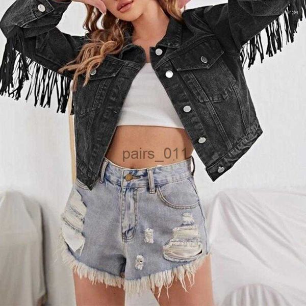 Jaquetas femininas jaquetas elegante franja frisada denim casaco mulheres queda moda manga senhoras outerwear borla jean 240305