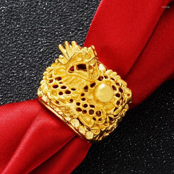 Anéis de cluster 24k anel banhado a ouro para homens legal largo grânulo dragão festa aniversário casamento noivado jóias presente