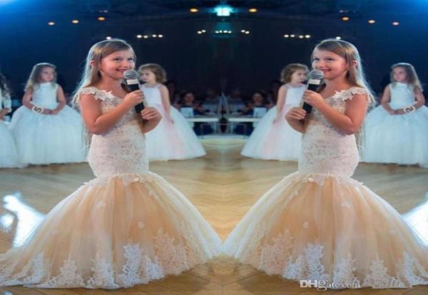 Meerjungfrau-Mädchen-Festzug-Kleider für Teenager 2019, neue weiße Spitzenapplikationen, Champagner-Tüll, Blumenmädchenkleid, formell, für Kinder, Abschlussball, Party, Gow5813347