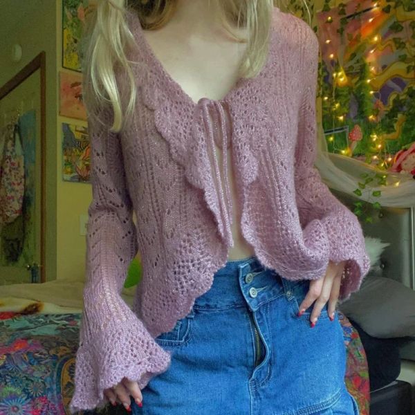 Cardigans y2k fairycore kawaii rosa camisola de malha doce menina amarrar bandagem cardigans 90s vintage crochê oco para fora manga alargada topos