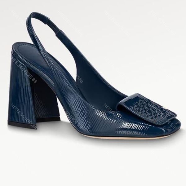 Elbise Ayakkabı Tasarımcıları Sandalet 10a Kare Ayak parmakları Patent Deri Rhinestone Düğmesi tıknaz topuk Lady Slingbacks 9.5cm Yüksekli Kadın Ayakkabı 35-41 Sandal Kutu