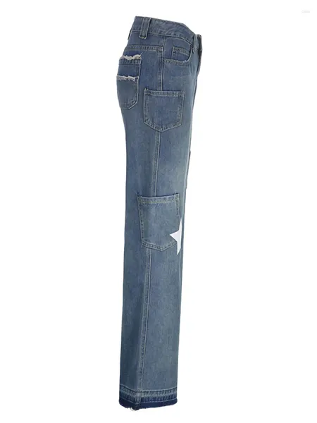 Damenhosen Vintage-inspirierte, hoch taillierte Jeans für Damen, Retro-Denim mit weitem Bein, Sternmuster und praktischen Taschen