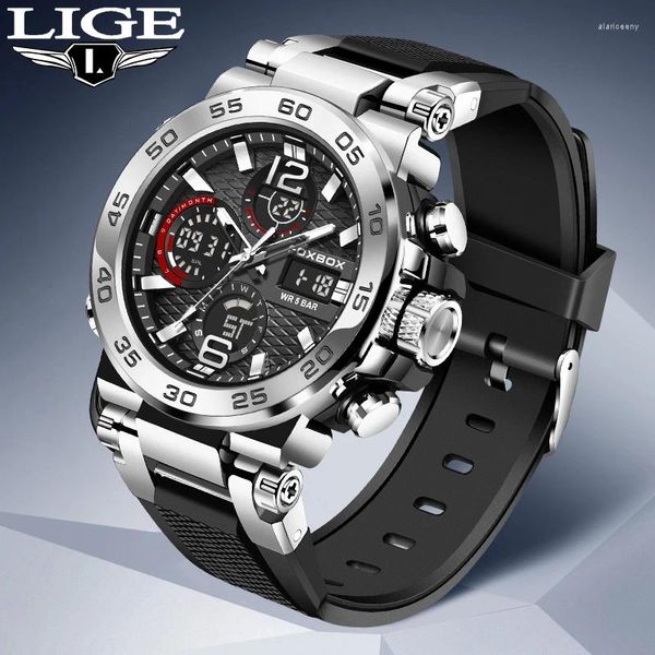 Armbanduhren LIGE Herren Sportuhren Männer Quarz LED Digitaluhr Top Marke Luxus Männliche Mode Silikagel Wasserdichte Militärarmbanduhr