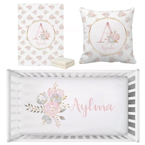 LVYZIHO personalisiertes Bettwäsche-Set mit Namen, Blush Gold, Blumenmuster, Geburtstagsgeschenk, Kleinkind-Geschenk, Bettwäsche-Set, Babyparty-Geschenk, Bettwäsche-Set 240220