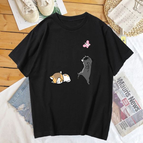 Camisetas haikyuu mascotes nekoma gatos t camisas anime engraçado mulher algodão manga curta dos desenhos animados camiseta feminina em torno do pescoço camiseta