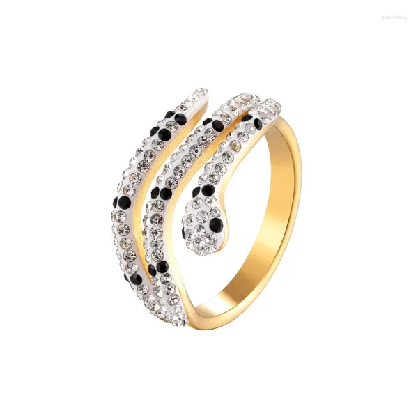 Anelli a grappolo Tre cerchi Zircone bianco impreziosito da anello a forma di serpente nero Regalo di gioielli in acciaio inossidabile Colore oro Commercio all'ingrosso