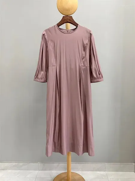 Vestidos casuais mulheres plissadas robe 2024 primavera o-pescoço zíper solto três quartos manga midi vestido com bolsos