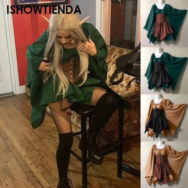 Abito da donna di Halloween medievale Costume da elfo di Halloween Gonna avvolgente in vita Costumi Cosplay Abito con corsetto a maniche lunghe retrò gotico da donna