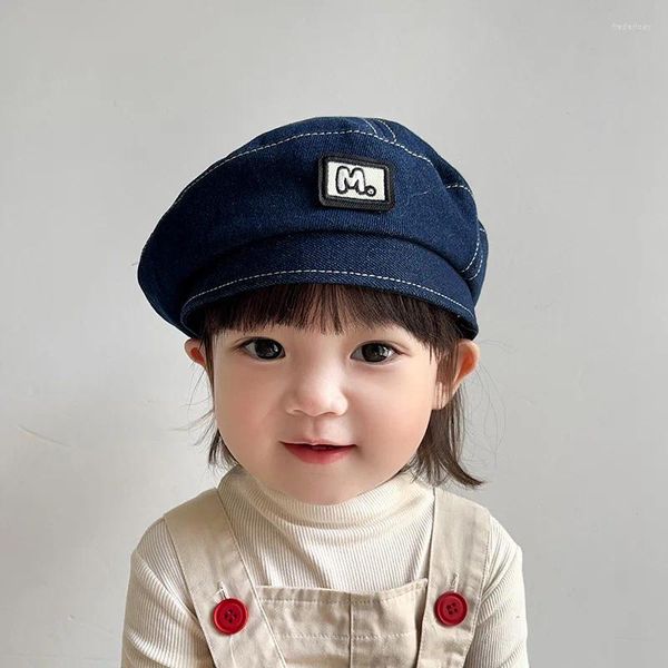 Berets Mode Baby Baskenmütze M Brief Stickerei Retro Denim Kinder Kürbis Hut Koreanische Hip Hop Vielseitige Achteckige Kappe