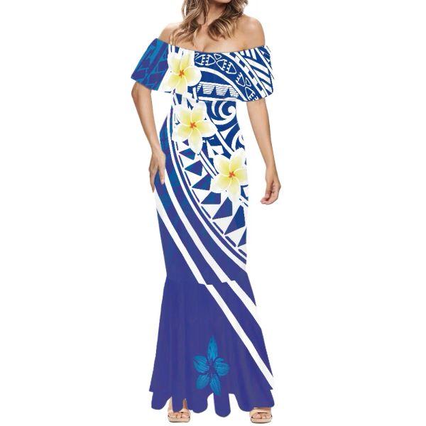 Elbise hycool 7xl maxi bodycon deniz kızı gelinlik büyük kadınlar için gelin puletasi Samoan kraliyet mavi elbise hibiscus basılı kadınlar elbise