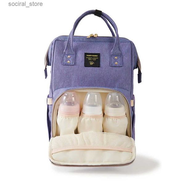 Sacos de fraldas Sunveno Multifuncional Saco de Fraldas Roxo Bordado Mamãe Bolsa Ampla Abertura Mamãe Mochila Conveniente Grande CapacidadeL240305