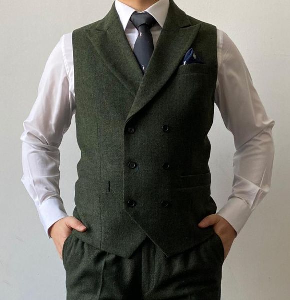 2021 Bristish Verde Noivo Coletes Duplo Breasted Lã Marrom Espinha De Peixe Tweed Groomsmen Colete Mens Terno Prom Casamento Colete Vestido2636402