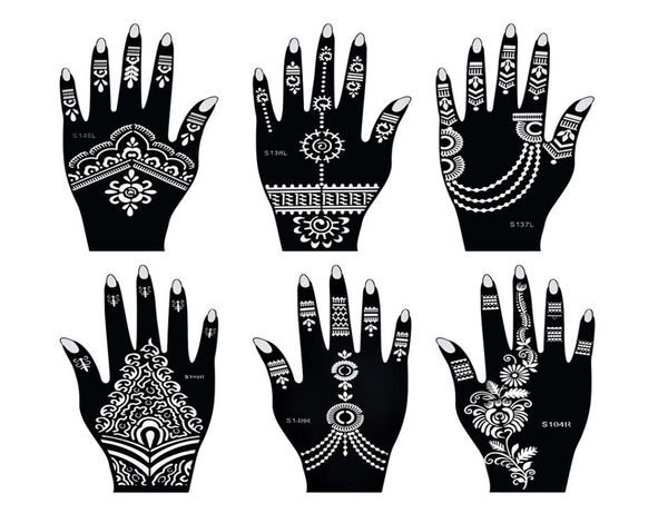 Henna-Tattoo-Schablonen, Mehndi India, Henna-Tattoo-Schablonen-Set für Handmalerei, Finger-Körperbemalung, 6 Stück, temporäre Tattoo-Vorlagen1373176