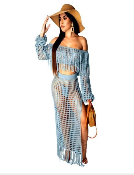 2020 slash neck malha conjuntos de duas peças feminino borlas topo de colheita e saia conjunto sexy crochê beach wear 2 peça verão outfit4081178