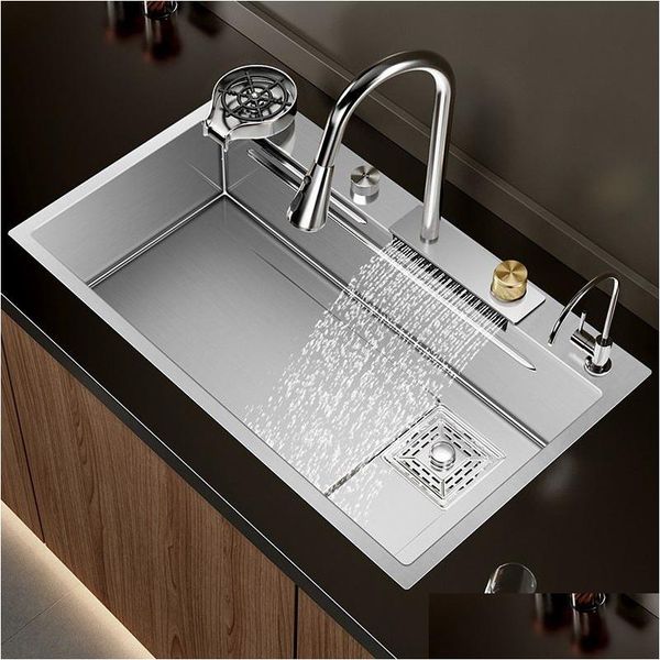 Pias de cozinha Luxo Siery Nanômetro 304 Aço Inoxidável Cachoeira Pia de Cozinha M Espessura Grande Slot Único Acima de Montagem Torneira Gota Dhdpm