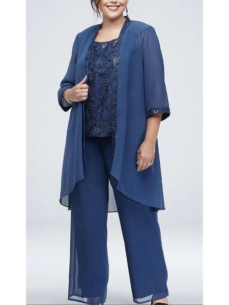 Plus size conjuntos de correspondência 2023 azul 3 peças conjunto roupa para o casamento mãe da noiva vestido 34 mangas chiffon rendas calças femininas 240220