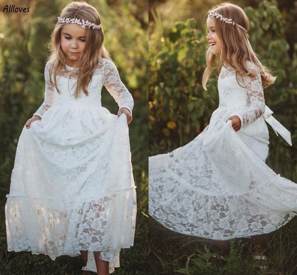 Juwel Neck Langarmes Blumenmädchenkleider zarte Lace Kids Little Girls Geburtstag Soziale Party Weiße Kleider Lange Kleinkind Hochzeit Prom Erste Kommunionkleider Cl3351