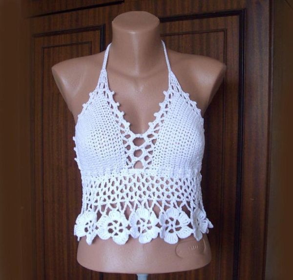 Weißes Spitzen-Häkel-Bralette-Oberteil, rückenfreies Bikini-Festival-Häkel-Oberteil, weißes Crop-Top, Bikini-Bustier-Bademode, Neckholder-BH6600624