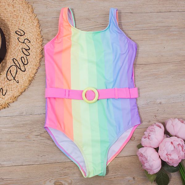 Tute 714 anni Stampa arcobaleno Bambina per bambini Costume intero per bambini Costumi da bagno estivi per bambini Monokini con cintura Costume da bagno per bambini di marca