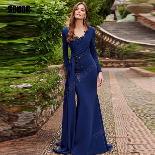 Вечерние платья SONDR, элегантное темно-синее блестящее вечернее платье с блестками и длинными рукавами, женские платья русалки для выпускного вечера, плиссированное вечернее платье