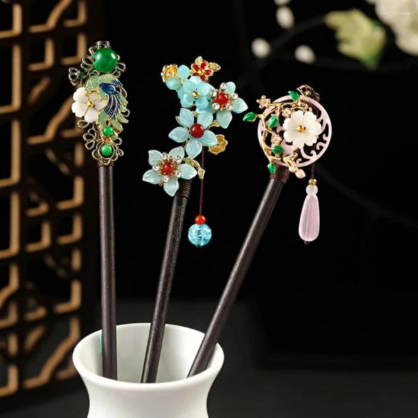 Grampos de cabelo vintage vara de madeira para mulheres meninas estilo chinês madeira hairpin borla elegante clipe jóias acessórios