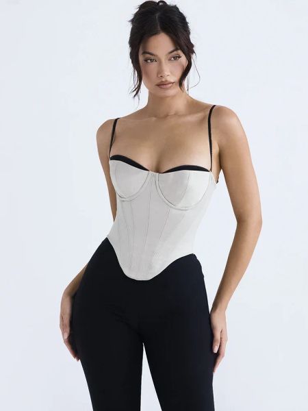 Camis grosso cetim bustier espartilho colheita superior com almofadas no peito cinta de espaguete branco bodycon topo verão feminino com espinha de peixe